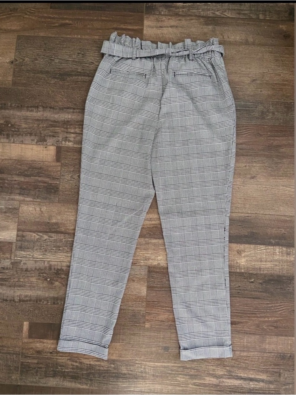 High-Rise Plaid Paperbag Waist Trousers - Gray